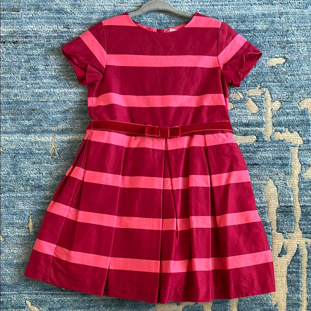 Jacadi Pink and Red Striped A-line Dress with Short Sleeves and Crew Neck
